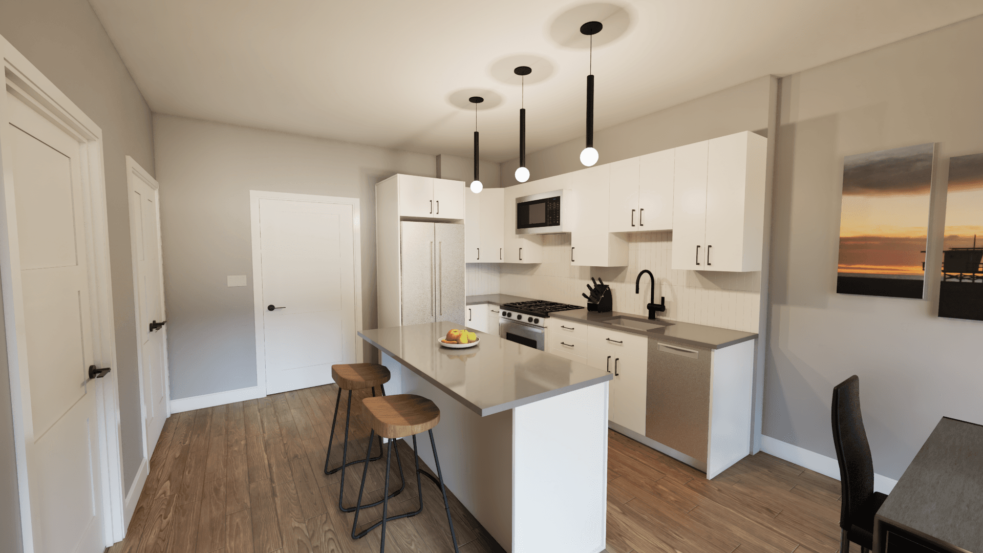Modern apartment kitchen with stone island and stainless appliances
